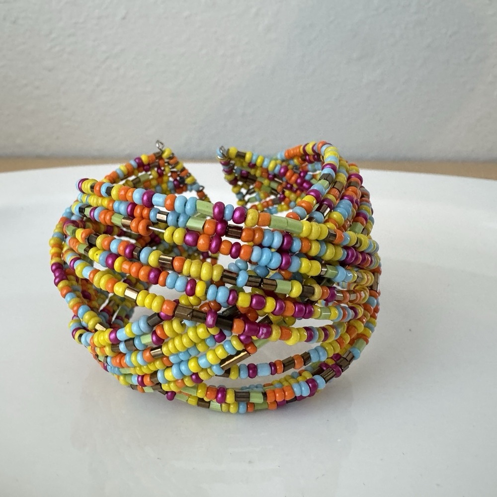 Colorful‎ Rainbow Braided Seed Beaded Open Cuff Bracelet Boho Hippie Jewelry